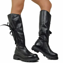 Black Genuine Leather Adjustable Strong Calf Wide Leg Boots