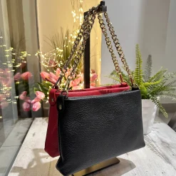 Black Genuine Leather Bag with Zip Shoulder Chain and Internal Shoulde