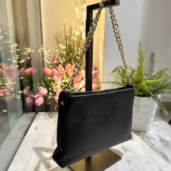 Black Genuine Leather Bag with Zip Shoulder Chain and Internal Shoulde