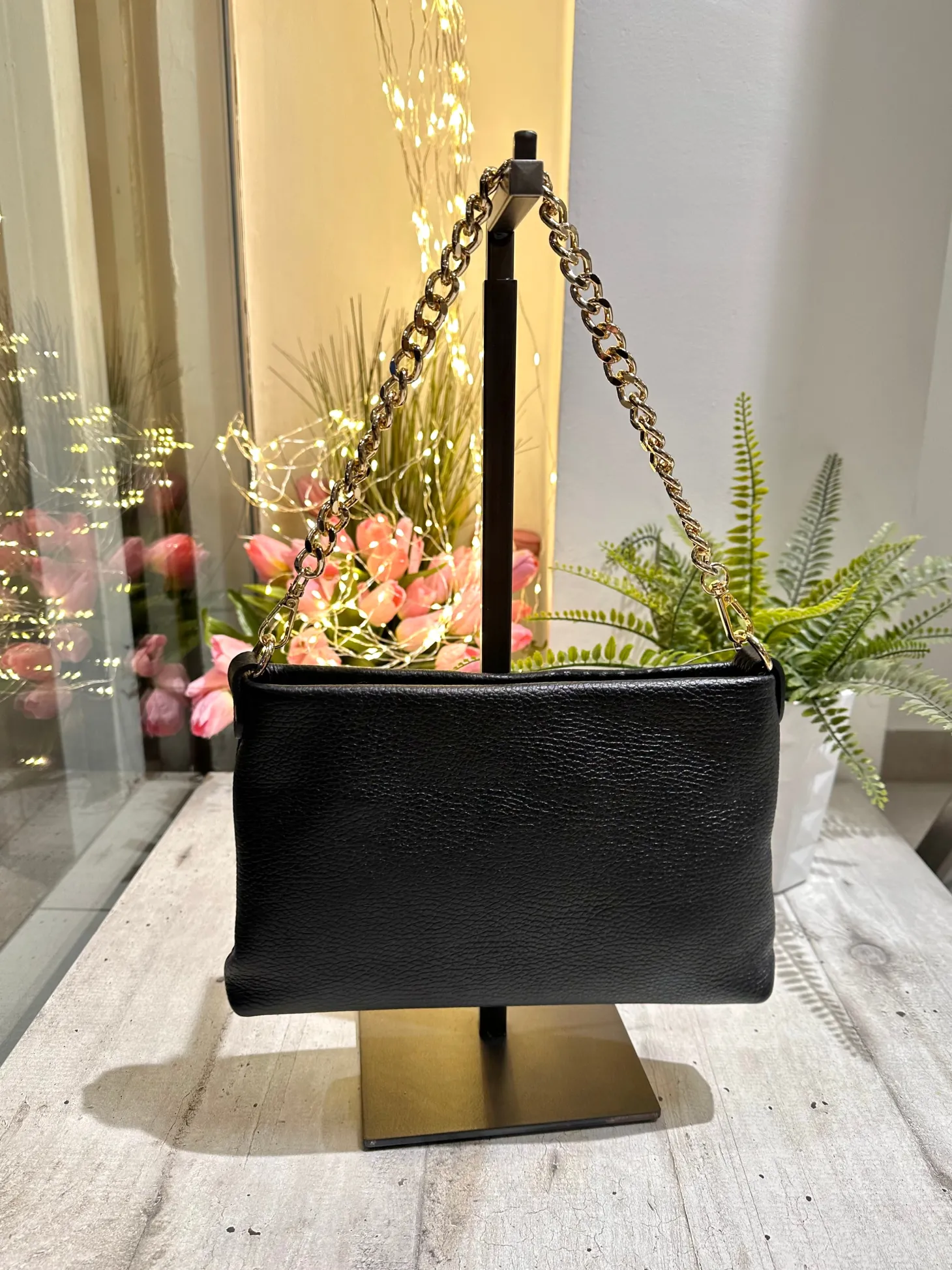 Black Genuine Leather Bag with Zip Shoulder Chain and Internal Shoulde