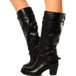 Black Leather Mid Heel Boots
