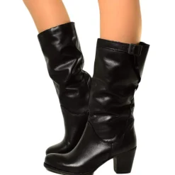 Black Leather Mid Heel Boots