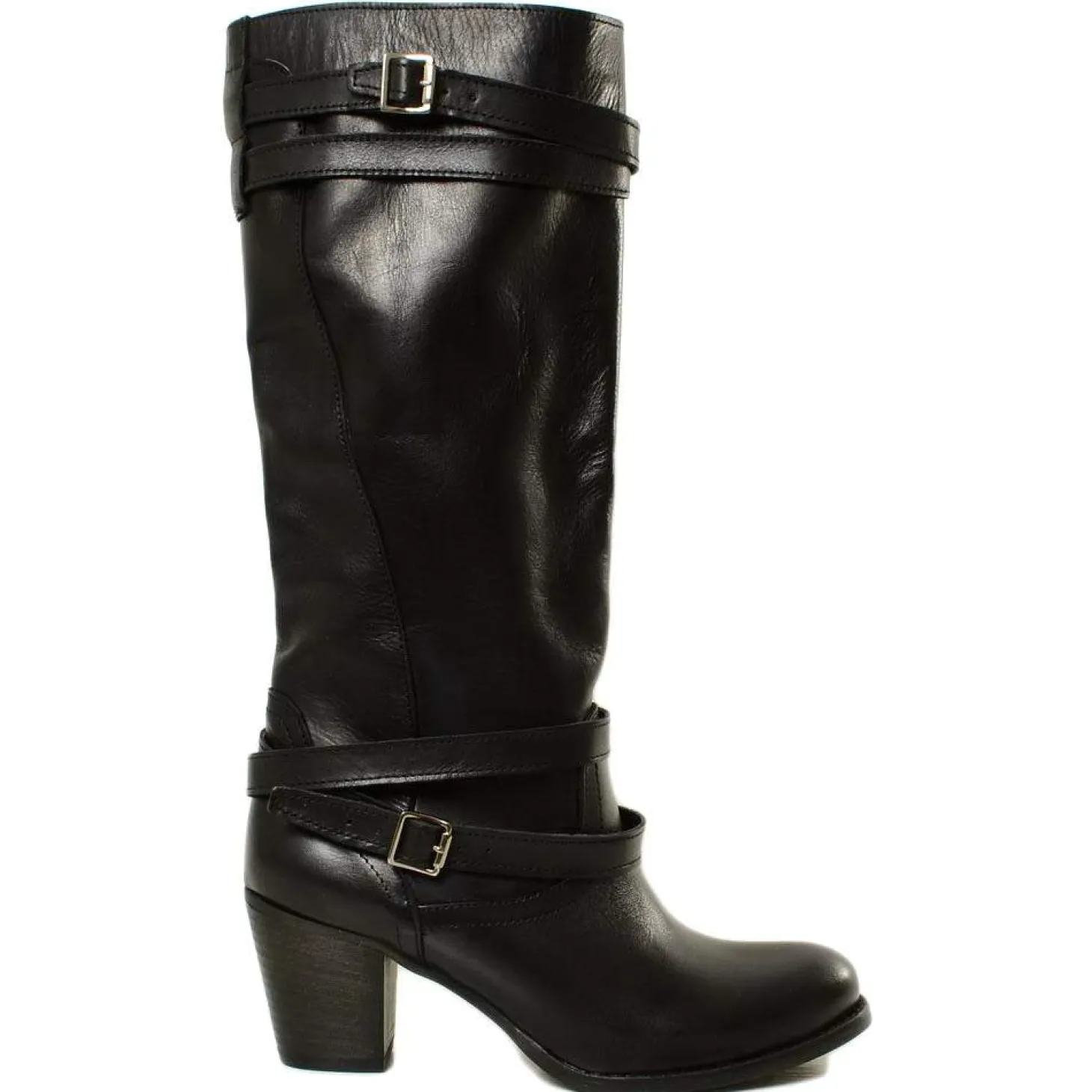 Black Leather Mid Heel Boots
