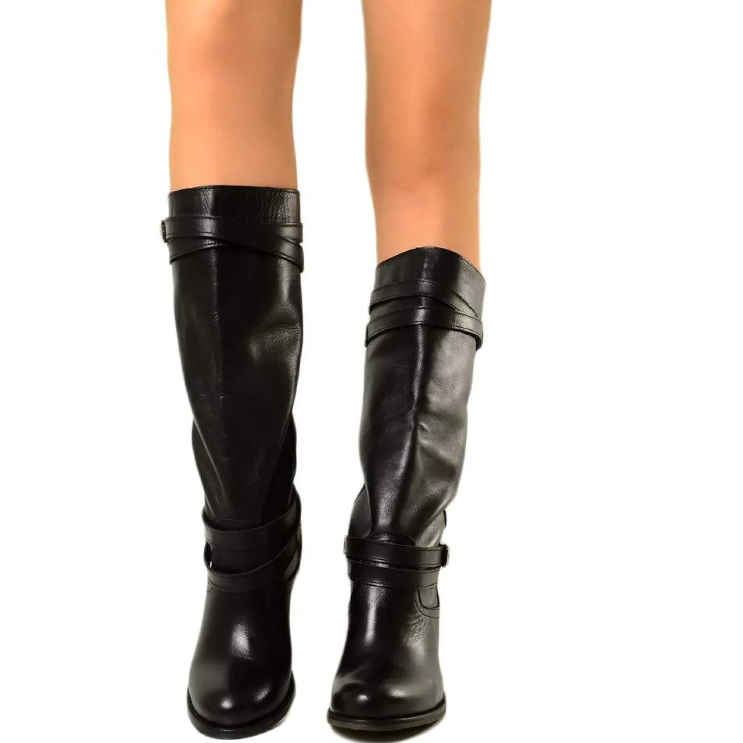 Black Leather Mid Heel Boots