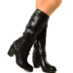 Black Leather Mid Heel Boots