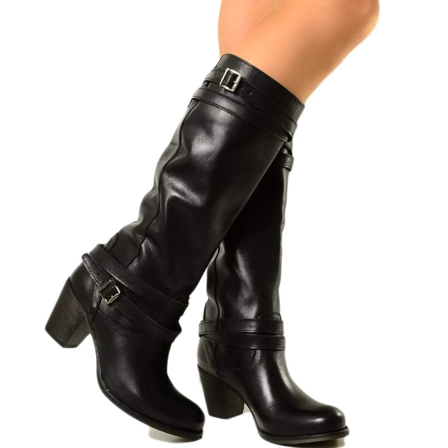 Black Leather Mid Heel Boots
