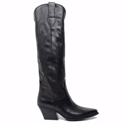 Black Leather Texan Boots with Tone on Tone Stitching Made in Italy