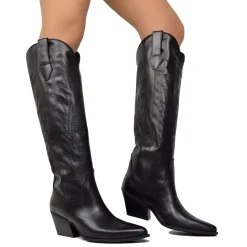 Black Leather Texan Boots with Tone on Tone Stitching Made in Italy