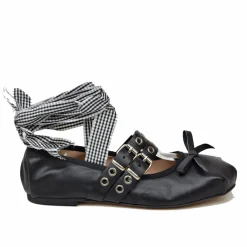 Black Schiava ballerinas in Nappa leather with two-tone laces and squa