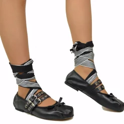 Black Schiava ballerinas in Nappa leather with two-tone laces and squa
