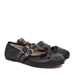 Black Schiava ballerinas in Nappa leather with two-tone laces and squa
