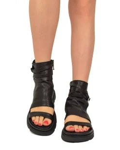 Black Soft Nappa Bootie-Style Platform Sandals – Peep Toe, Side Zip