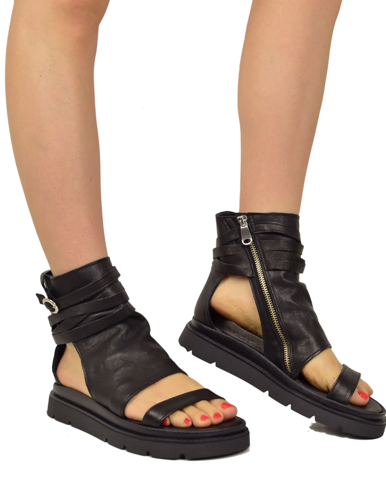 Black Soft Nappa Bootie-Style Platform Sandals – Peep Toe, Side Zip