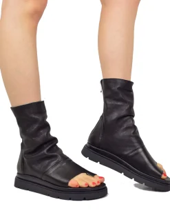 Black Soft Nappa Bootie-Style Platform Sandals – Peep Toe, Thong Desig