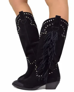 Black Suede Fringed Cowboy Boots – Handmade in Italy