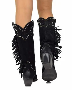 Black Suede Fringed Cowboy Boots – Handmade in Italy