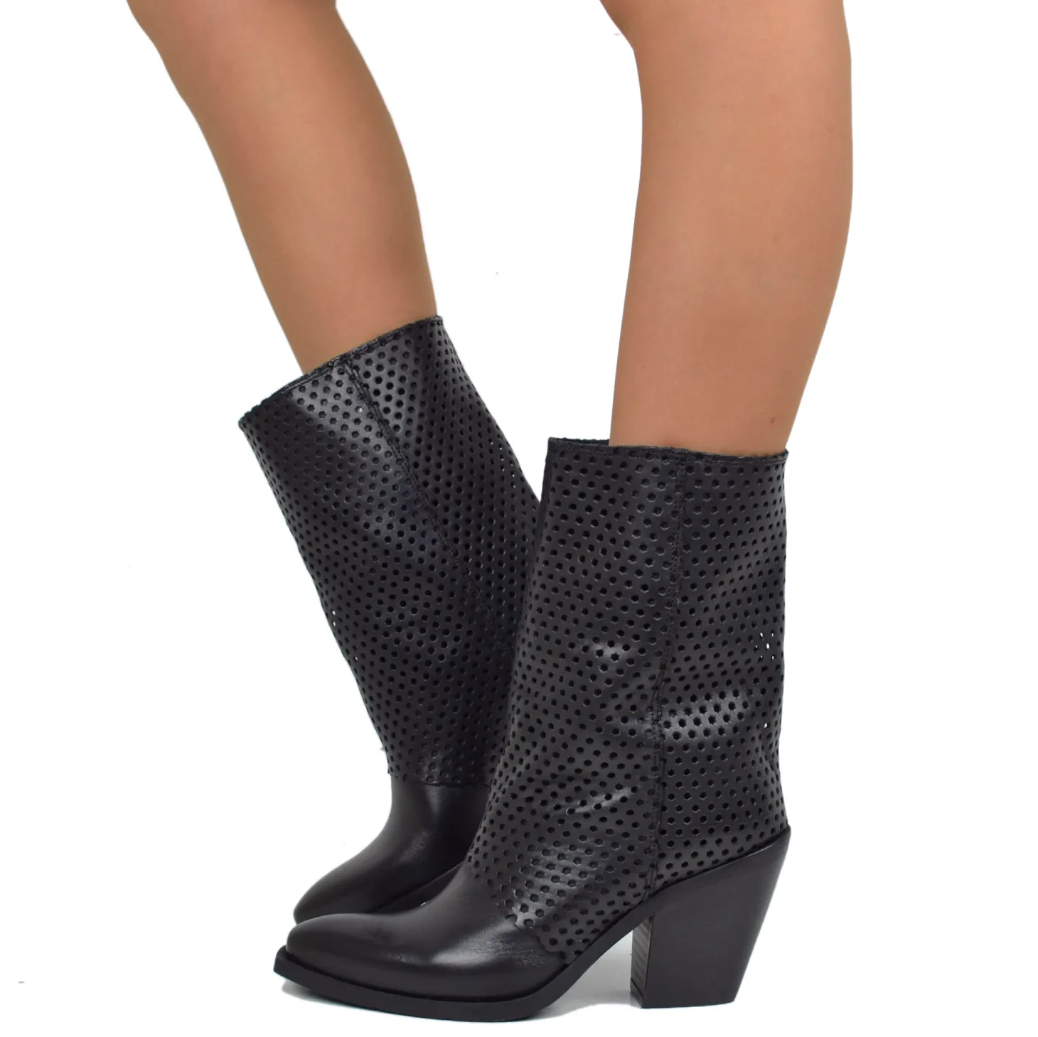 Black Texan Ankle Boots with Perforated Gaiter and Covered Heel