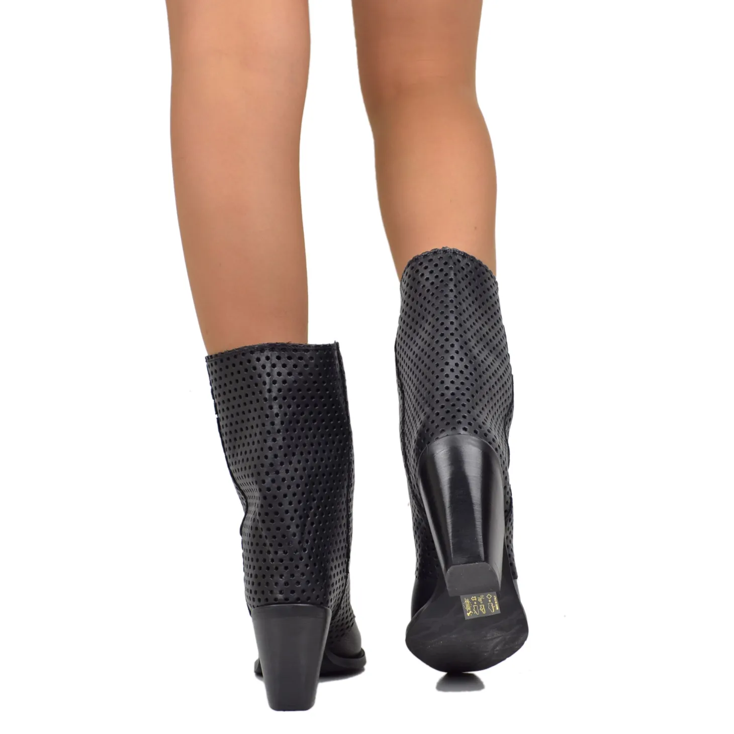 Black Texan Ankle Boots with Perforated Gaiter and Covered Heel