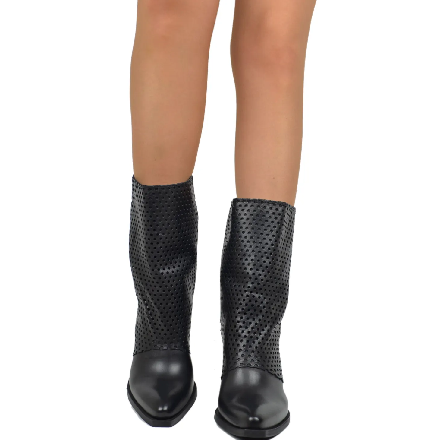 Black Texan Ankle Boots with Perforated Gaiter and Covered Heel