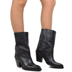 Black Texan Ankle Boots with Perforated Gaiter and Covered Heel