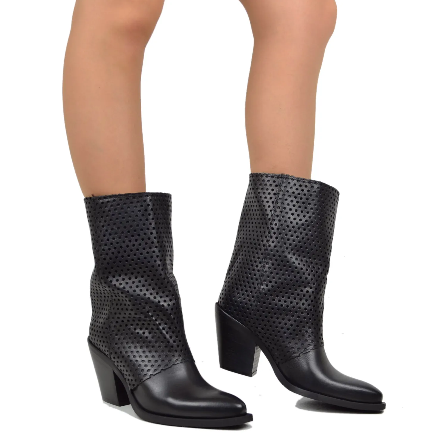 Black Texan Ankle Boots with Perforated Gaiter and Covered Heel