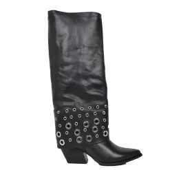 Boots with Gaiter and Silver Ring Studs, Rock Style, Genuine Black Lea