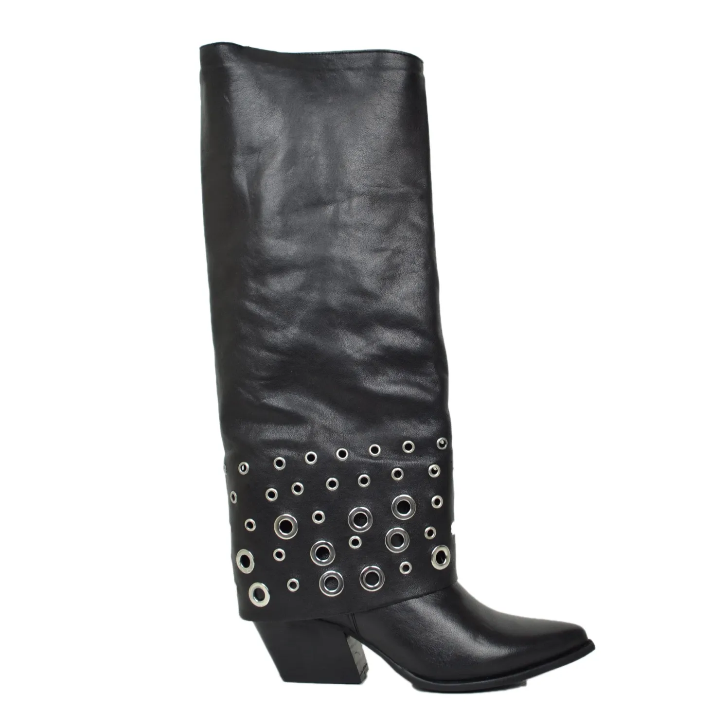 Boots with Gaiter and Silver Ring Studs, Rock Style, Genuine Black Lea