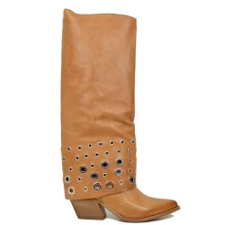 Boots with Gaiter and Silver Ring Studs, Rock Style, Genuine Leather,