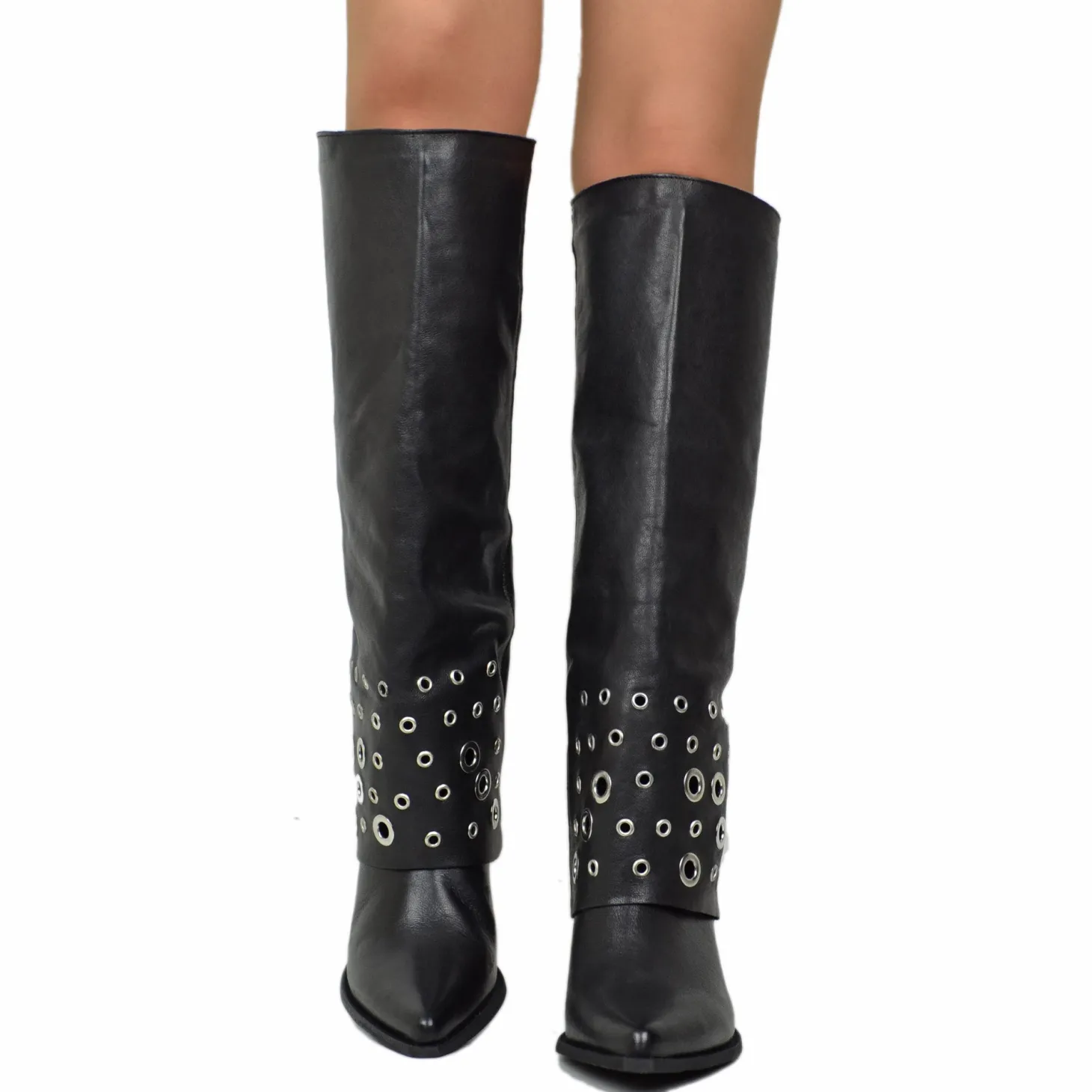 Boots with Gaiter and Silver Ring Studs, Rock Style, Genuine Black Lea