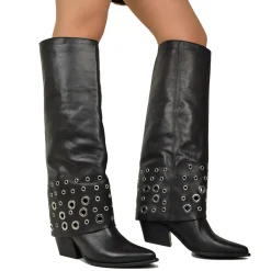 Boots with Gaiter and Silver Ring Studs, Rock Style, Genuine Black Lea