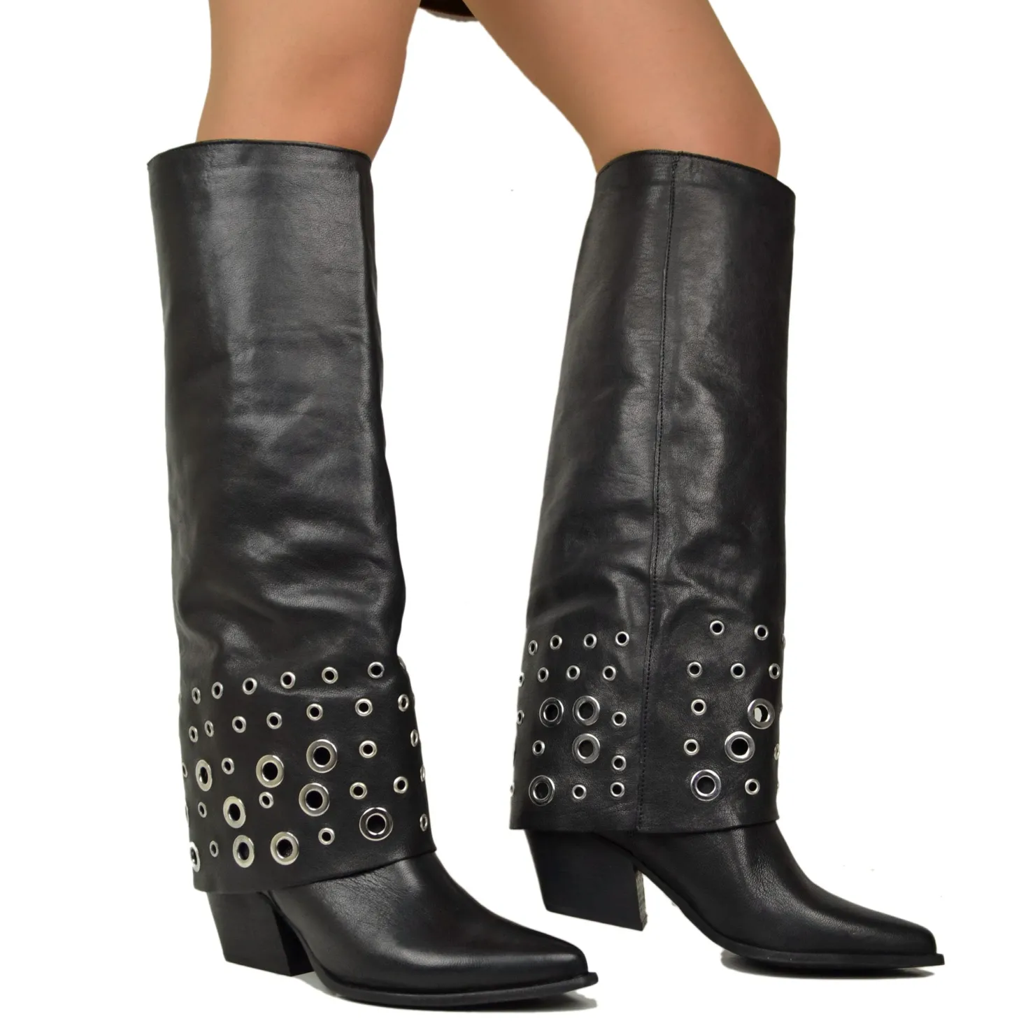 Boots with Gaiter and Silver Ring Studs, Rock Style, Genuine Black Lea