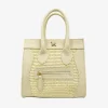 Borsa a Mano in Rafia e in Pelle Beige con Taschino Anteriore
