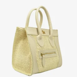 Borsa a Mano in Rafia e in Pelle Beige con Taschino Anteriore