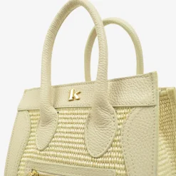 Borsa a Mano in Rafia e in Pelle Beige con Taschino Anteriore