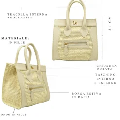 Borsa a Mano in Rafia e in Pelle Beige con Taschino Anteriore