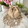 Borsa a Secchiello con Frange Beige in Pelle Nabuk Vintage