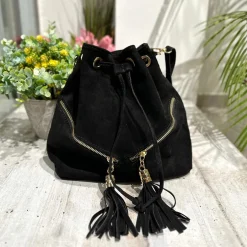 Borsa a Secchiello con Frange Cuoio in Pelle Nabuk Vintage