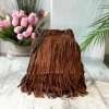 Borsa a Secchiello con Frange Nera in Pelle Scamosciata
