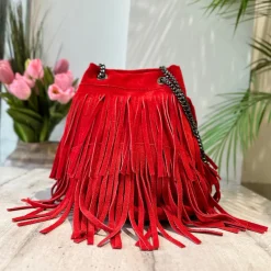 Borsa a Secchiello con Frange Rossa in Pelle Scamosciata