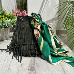 Borsa a Secchiello con Frange Verde + FOULARD in Tinta Vera Pelle Scam