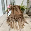 Borsa a Secchiello con Frange Cuoio in Pelle Nabuk Vintage