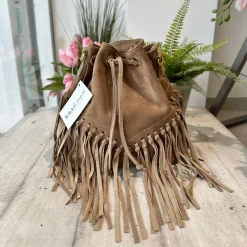 Borsa a Secchiello con Frange Cuoio in Pelle Nabuk Vintage