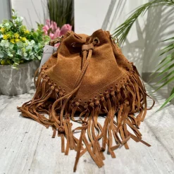 Borsa a Secchiello con Frange Cuoio in Pelle Nabuk Vintage