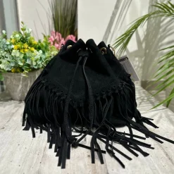 Borsa a Secchiello con Frange Nera in Pelle Nabuk Vintage