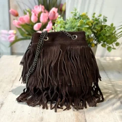 Borsa a Secchiello con Frange Nera in Pelle Scamosciata