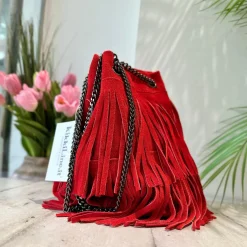 Borsa a Secchiello con Frange Rossa in Pelle Scamosciata