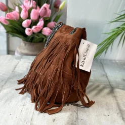 Borsa a Secchiello con Frange Nera in Pelle Scamosciata