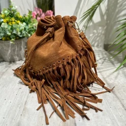 Borsa a Secchiello con Frange Cuoio in Pelle Nabuk Vintage