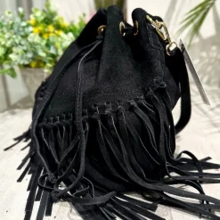 Borsa a Secchiello con Frange Nera in Pelle Nabuk Vintage