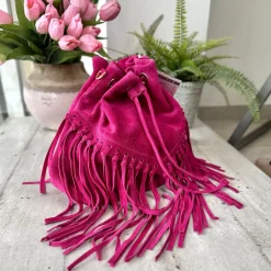 Borsa a Secchiello con Frange Fuxia in Pelle Nabuk Vintage